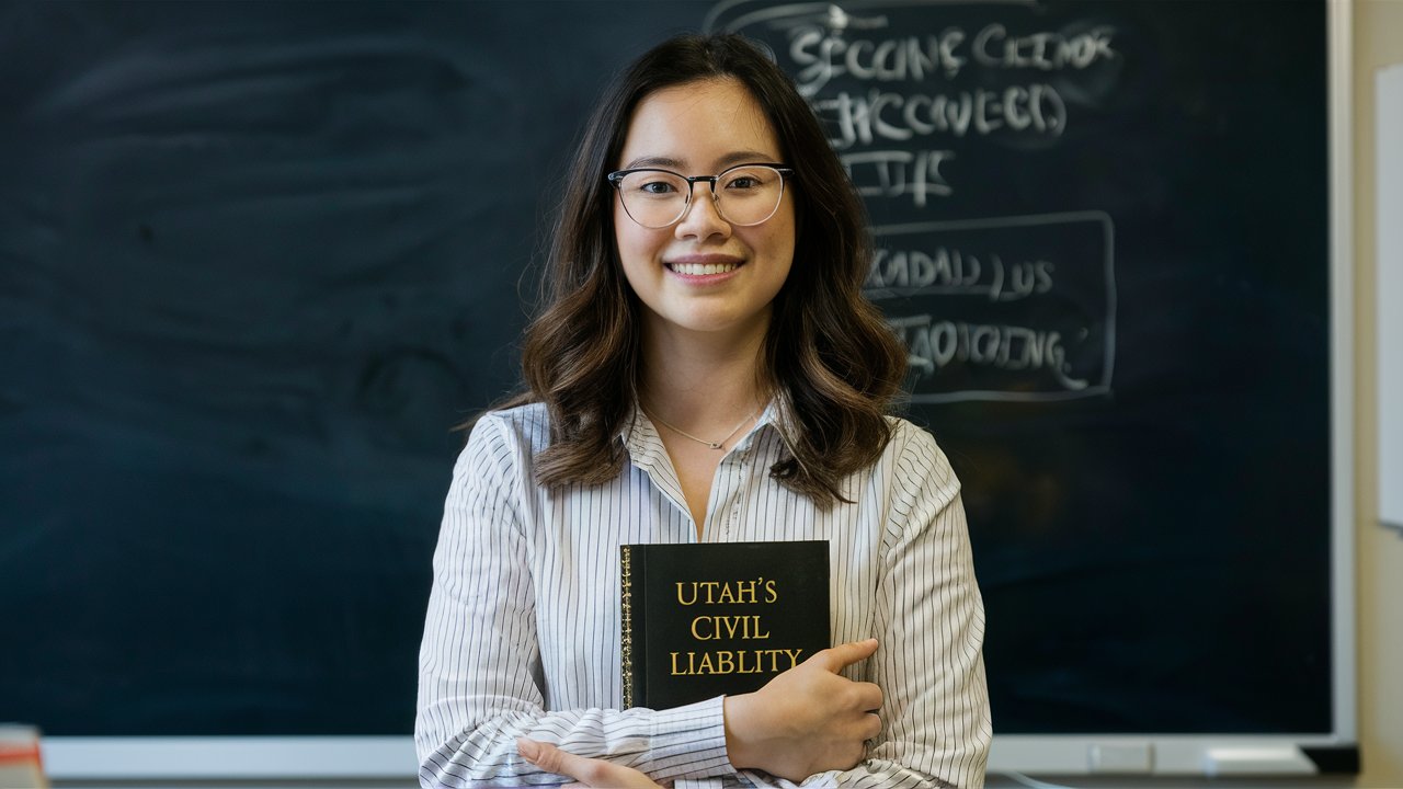Female teacher with Utah Civil Liability book